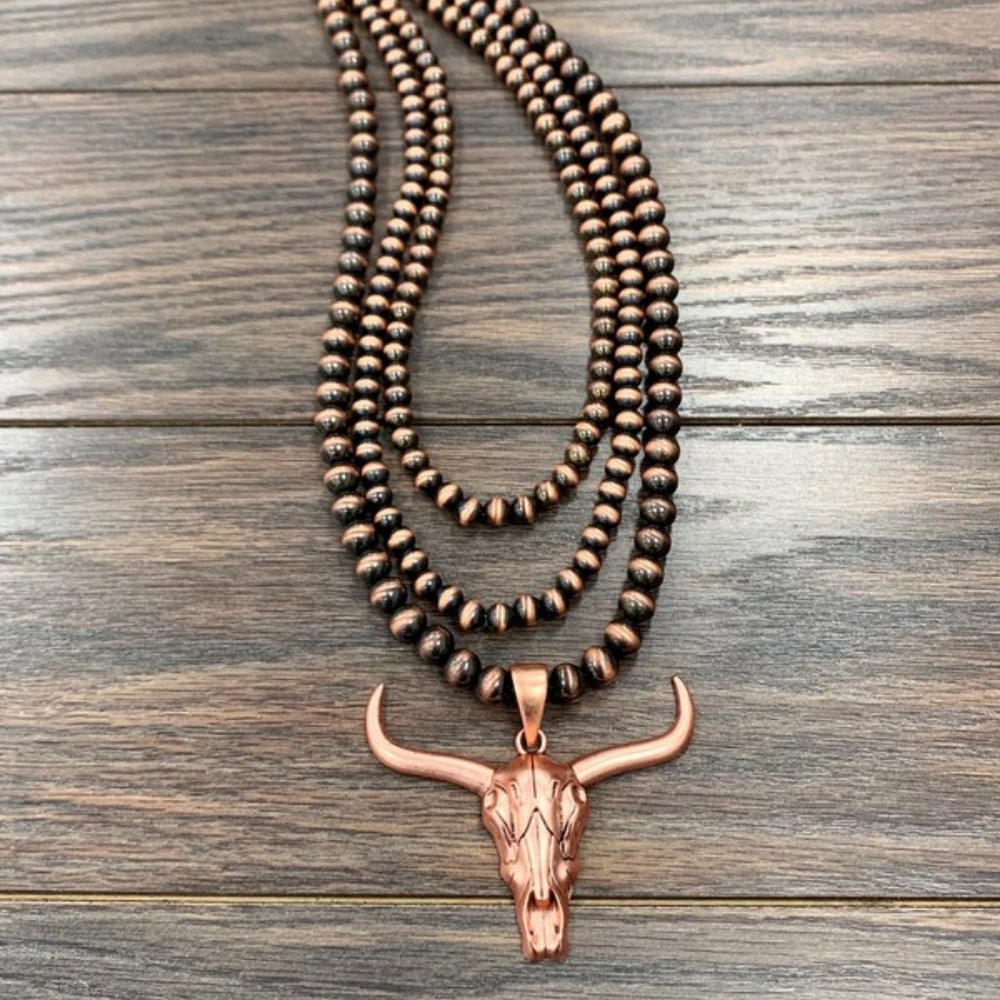 Steer Skull Cow Navajo Pearl Necklace Copper